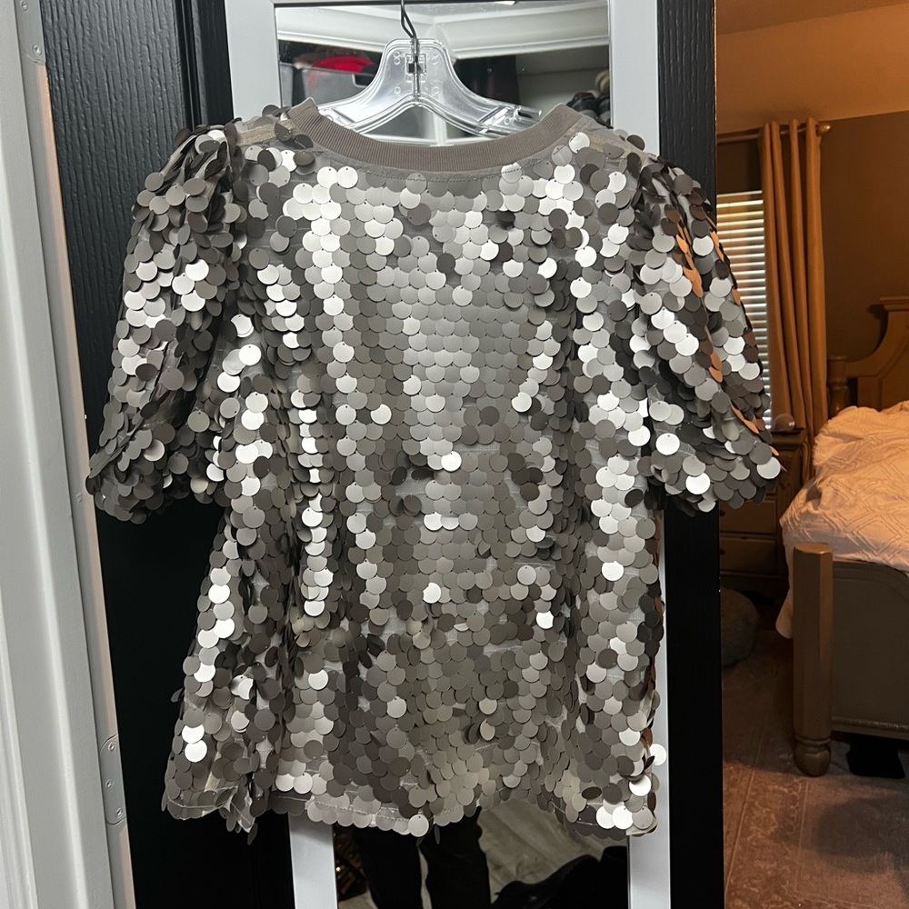 Pewter sequined poof sleeve top